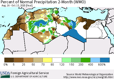 North Africa Percent of Normal Precipitation 2-Month (WMO) Thematic Map For 8/16/2020 - 10/15/2020