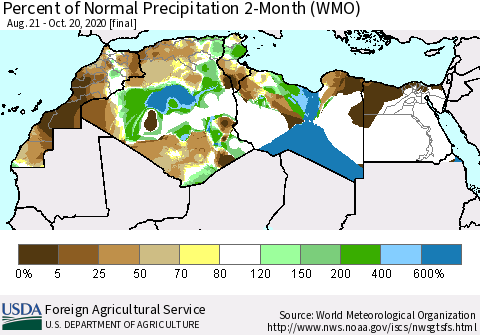 North Africa Percent of Normal Precipitation 2-Month (WMO) Thematic Map For 8/21/2020 - 10/20/2020