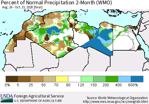 North Africa Percent of Normal Precipitation 2-Month (WMO) Thematic Map For 8/26/2020 - 10/25/2020
