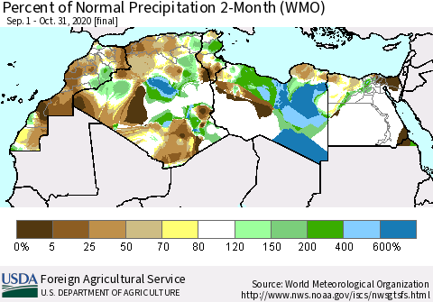 North Africa Percent of Normal Precipitation 2-Month (WMO) Thematic Map For 9/1/2020 - 10/31/2020