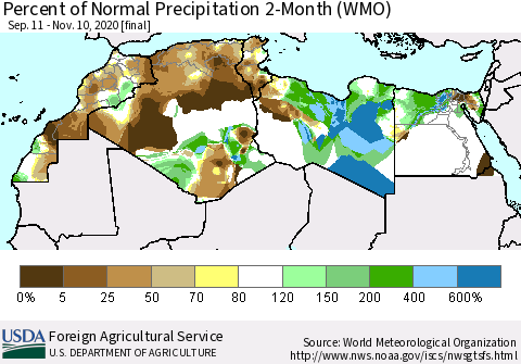 North Africa Percent of Normal Precipitation 2-Month (WMO) Thematic Map For 9/11/2020 - 11/10/2020