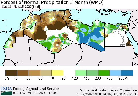 North Africa Percent of Normal Precipitation 2-Month (WMO) Thematic Map For 9/16/2020 - 11/15/2020