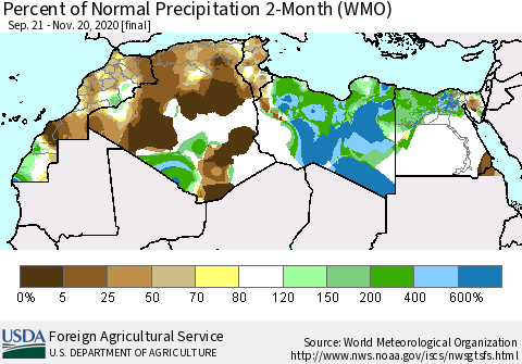 North Africa Percent of Normal Precipitation 2-Month (WMO) Thematic Map For 9/21/2020 - 11/20/2020