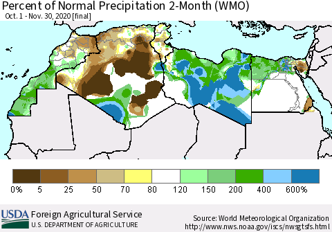 North Africa Percent of Normal Precipitation 2-Month (WMO) Thematic Map For 10/1/2020 - 11/30/2020