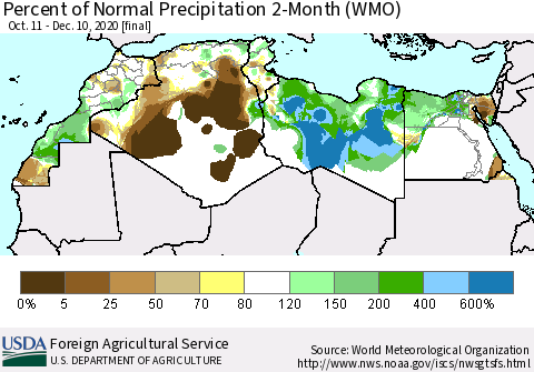 North Africa Percent of Normal Precipitation 2-Month (WMO) Thematic Map For 10/11/2020 - 12/10/2020