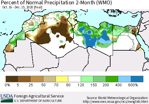 North Africa Percent of Normal Precipitation 2-Month (WMO) Thematic Map For 10/16/2020 - 12/15/2020