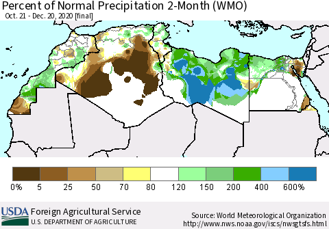 North Africa Percent of Normal Precipitation 2-Month (WMO) Thematic Map For 10/21/2020 - 12/20/2020