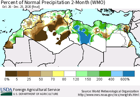 North Africa Percent of Normal Precipitation 2-Month (WMO) Thematic Map For 10/26/2020 - 12/25/2020