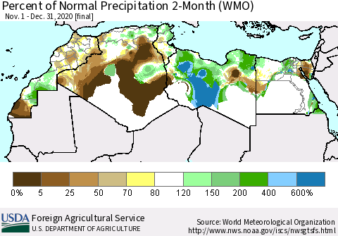 North Africa Percent of Normal Precipitation 2-Month (WMO) Thematic Map For 11/1/2020 - 12/31/2020