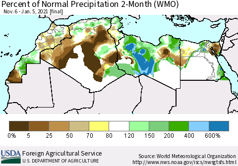 North Africa Percent of Normal Precipitation 2-Month (WMO) Thematic Map For 11/6/2020 - 1/5/2021