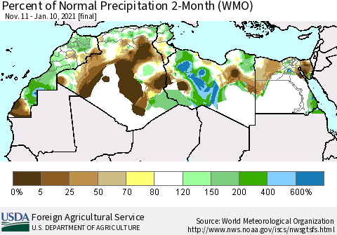 North Africa Percent of Normal Precipitation 2-Month (WMO) Thematic Map For 11/11/2020 - 1/10/2021