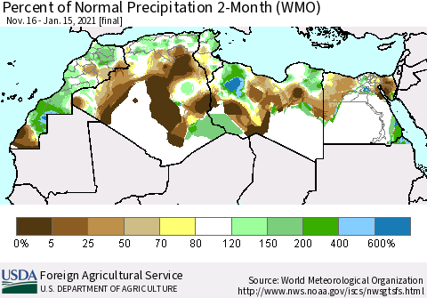 North Africa Percent of Normal Precipitation 2-Month (WMO) Thematic Map For 11/16/2020 - 1/15/2021