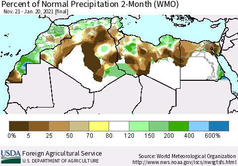 North Africa Percent of Normal Precipitation 2-Month (WMO) Thematic Map For 11/21/2020 - 1/20/2021