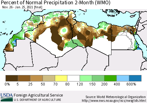 North Africa Percent of Normal Precipitation 2-Month (WMO) Thematic Map For 11/26/2020 - 1/25/2021