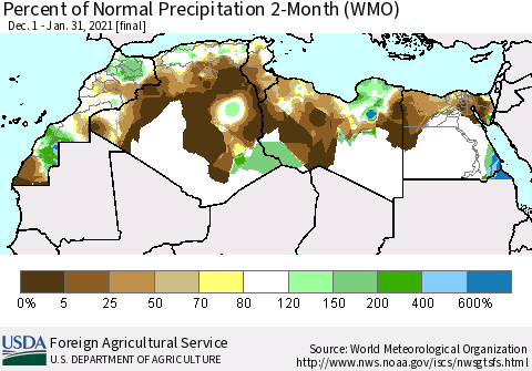 North Africa Percent of Normal Precipitation 2-Month (WMO) Thematic Map For 12/1/2020 - 1/31/2021