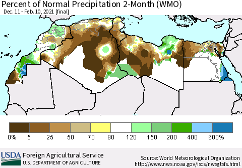 North Africa Percent of Normal Precipitation 2-Month (WMO) Thematic Map For 12/11/2020 - 2/10/2021