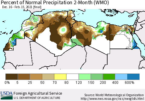 North Africa Percent of Normal Precipitation 2-Month (WMO) Thematic Map For 12/16/2020 - 2/15/2021