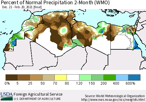 North Africa Percent of Normal Precipitation 2-Month (WMO) Thematic Map For 12/21/2020 - 2/20/2021