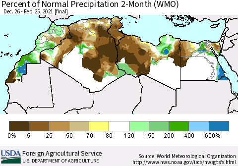 North Africa Percent of Normal Precipitation 2-Month (WMO) Thematic Map For 12/26/2020 - 2/25/2021