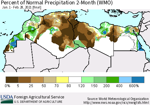 North Africa Percent of Normal Precipitation 2-Month (WMO) Thematic Map For 1/1/2021 - 2/28/2021