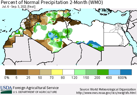 North Africa Percent of Normal Precipitation 2-Month (WMO) Thematic Map For 7/6/2021 - 9/5/2021