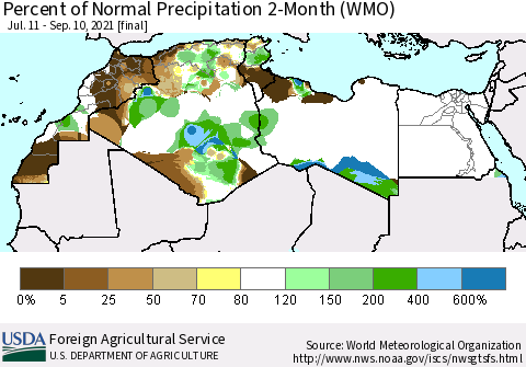 North Africa Percent of Normal Precipitation 2-Month (WMO) Thematic Map For 7/11/2021 - 9/10/2021