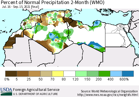 North Africa Percent of Normal Precipitation 2-Month (WMO) Thematic Map For 7/16/2021 - 9/15/2021
