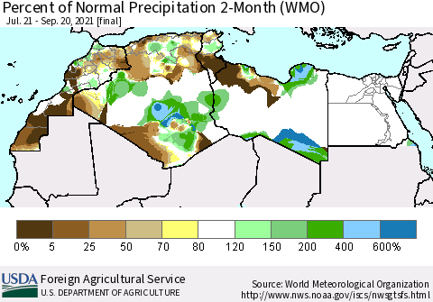 North Africa Percent of Normal Precipitation 2-Month (WMO) Thematic Map For 7/21/2021 - 9/20/2021