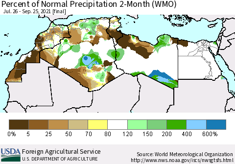 North Africa Percent of Normal Precipitation 2-Month (WMO) Thematic Map For 7/26/2021 - 9/25/2021