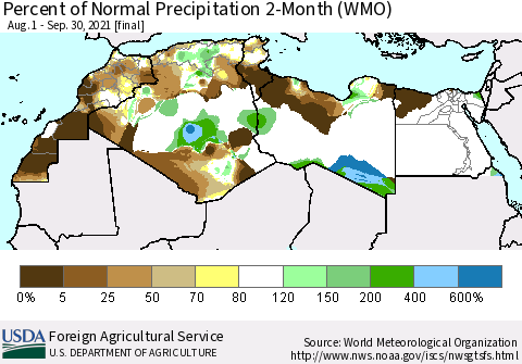 North Africa Percent of Normal Precipitation 2-Month (WMO) Thematic Map For 8/1/2021 - 9/30/2021