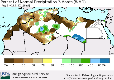 North Africa Percent of Normal Precipitation 2-Month (WMO) Thematic Map For 8/6/2021 - 10/5/2021