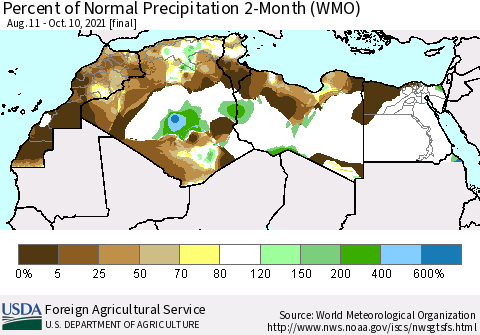 North Africa Percent of Normal Precipitation 2-Month (WMO) Thematic Map For 8/11/2021 - 10/10/2021