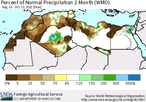 North Africa Percent of Normal Precipitation 2-Month (WMO) Thematic Map For 8/16/2021 - 10/15/2021