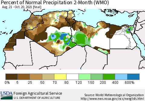 North Africa Percent of Normal Precipitation 2-Month (WMO) Thematic Map For 8/21/2021 - 10/20/2021