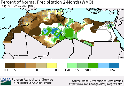 North Africa Percent of Normal Precipitation 2-Month (WMO) Thematic Map For 8/26/2021 - 10/25/2021
