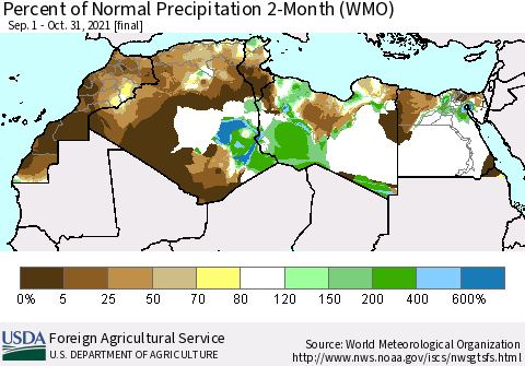 North Africa Percent of Normal Precipitation 2-Month (WMO) Thematic Map For 9/1/2021 - 10/31/2021