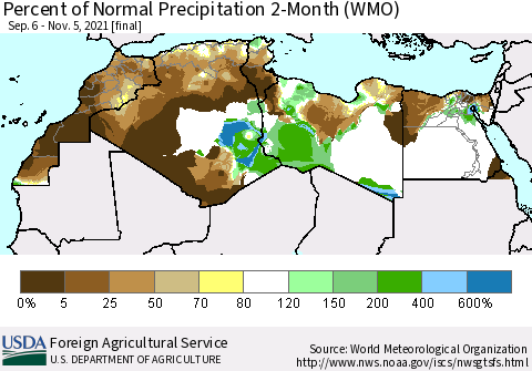 North Africa Percent of Normal Precipitation 2-Month (WMO) Thematic Map For 9/6/2021 - 11/5/2021