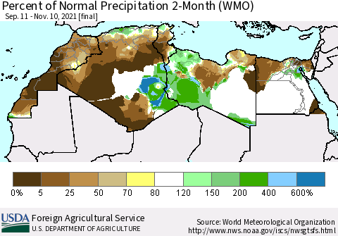 North Africa Percent of Normal Precipitation 2-Month (WMO) Thematic Map For 9/11/2021 - 11/10/2021