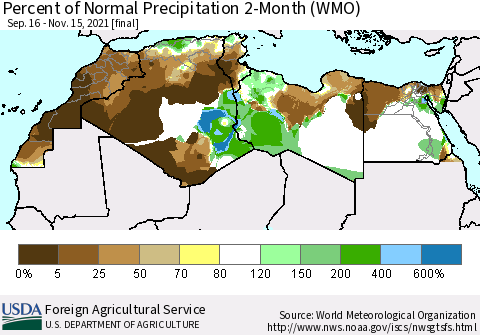 North Africa Percent of Normal Precipitation 2-Month (WMO) Thematic Map For 9/16/2021 - 11/15/2021