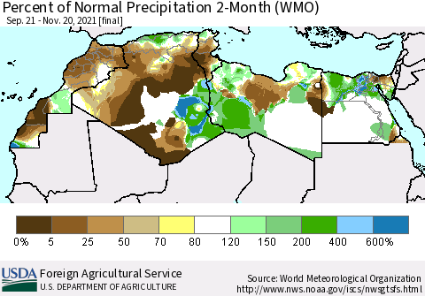 North Africa Percent of Normal Precipitation 2-Month (WMO) Thematic Map For 9/21/2021 - 11/20/2021