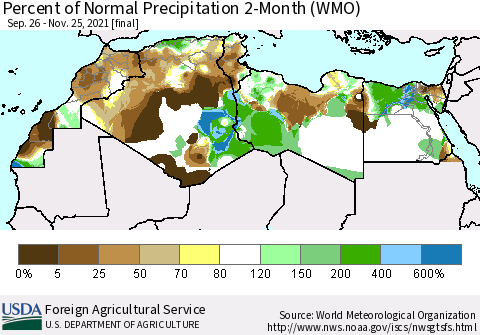 North Africa Percent of Normal Precipitation 2-Month (WMO) Thematic Map For 9/26/2021 - 11/25/2021