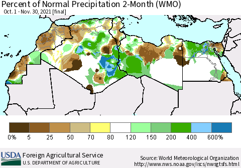 North Africa Percent of Normal Precipitation 2-Month (WMO) Thematic Map For 10/1/2021 - 11/30/2021
