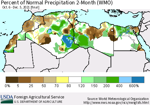 North Africa Percent of Normal Precipitation 2-Month (WMO) Thematic Map For 10/6/2021 - 12/5/2021