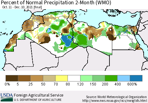 North Africa Percent of Normal Precipitation 2-Month (WMO) Thematic Map For 10/11/2021 - 12/10/2021