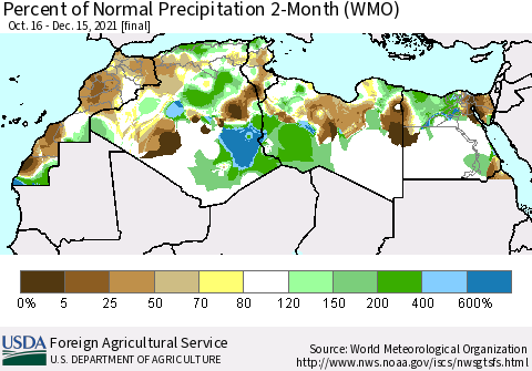 North Africa Percent of Normal Precipitation 2-Month (WMO) Thematic Map For 10/16/2021 - 12/15/2021