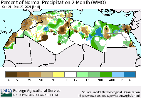 North Africa Percent of Normal Precipitation 2-Month (WMO) Thematic Map For 10/21/2021 - 12/20/2021