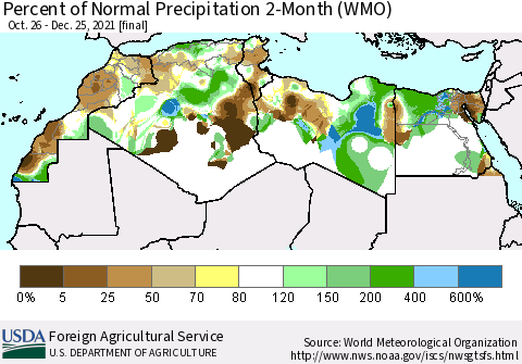 North Africa Percent of Normal Precipitation 2-Month (WMO) Thematic Map For 10/26/2021 - 12/25/2021