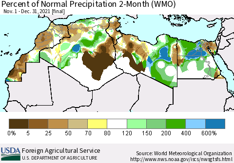 North Africa Percent of Normal Precipitation 2-Month (WMO) Thematic Map For 11/1/2021 - 12/31/2021