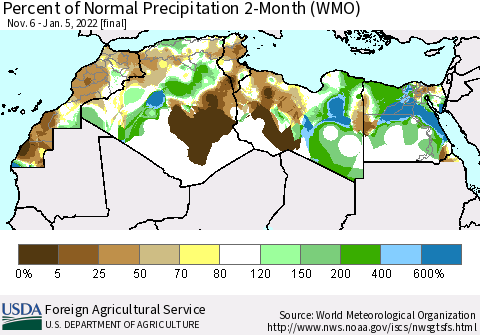 North Africa Percent of Normal Precipitation 2-Month (WMO) Thematic Map For 11/6/2021 - 1/5/2022