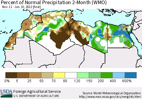 North Africa Percent of Normal Precipitation 2-Month (WMO) Thematic Map For 11/11/2021 - 1/10/2022